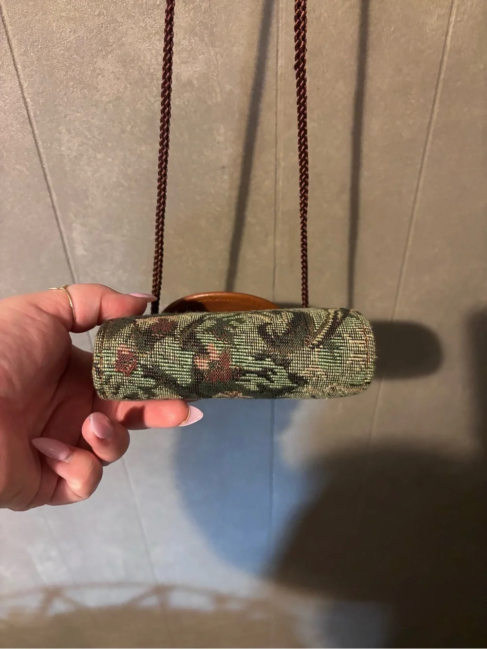 Rolfs Tapestry Green Floral Woven Crossbody with Brown Leather Trim